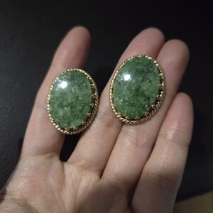 Green Stone Oval Gold-Tone Clip-On Earrings